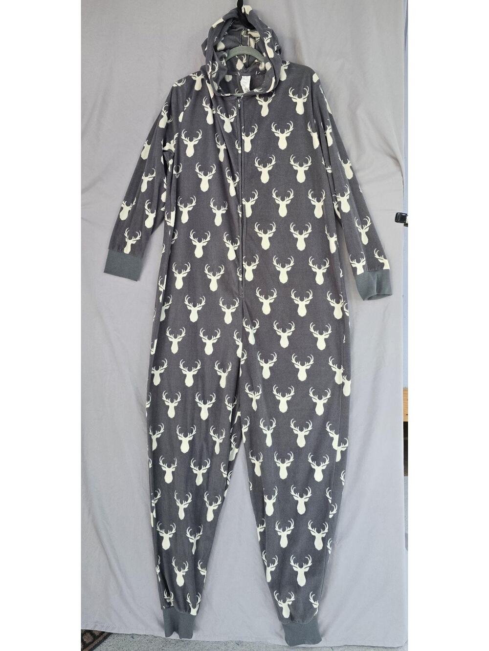 Holiday Tails Pajama One Piece Womens L/XL Gray Hooded Fleece Reindeer Print
